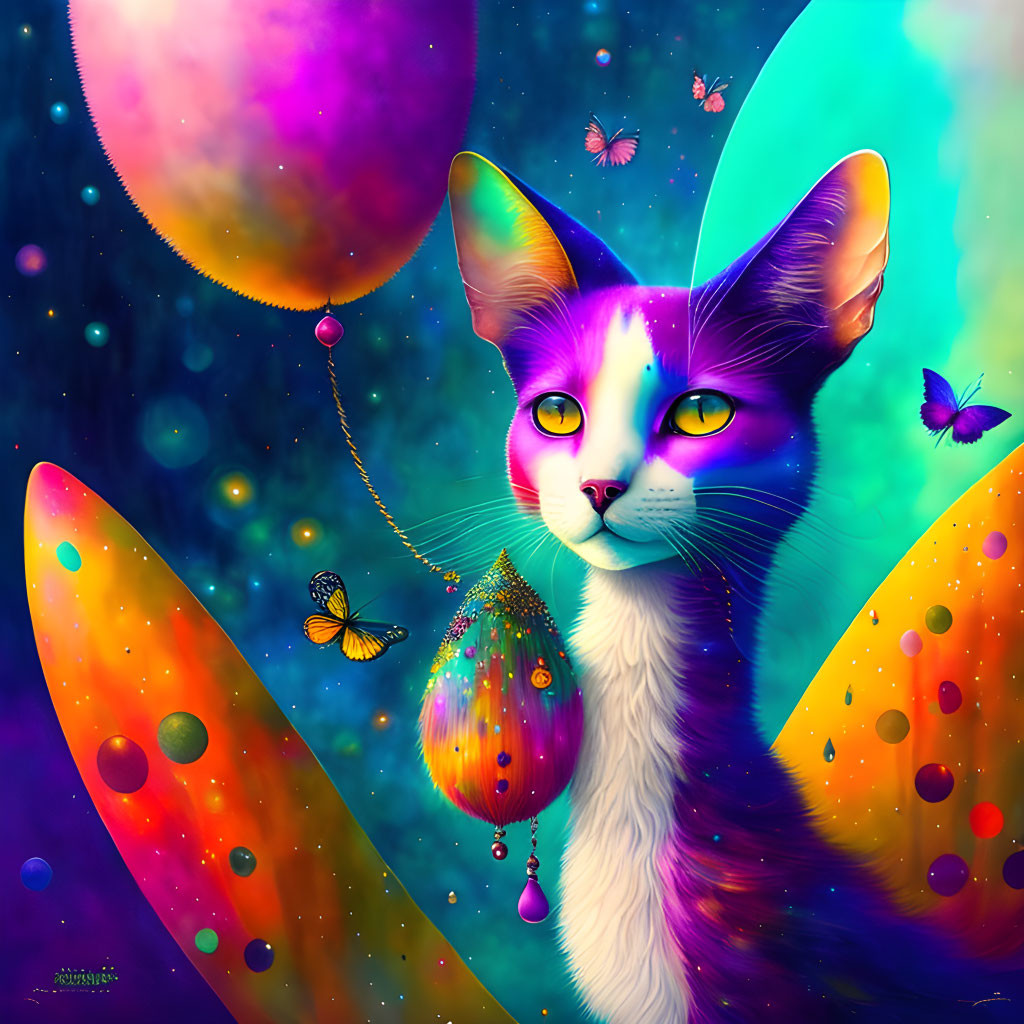 Colorful Digital Artwork: Multicolored Cat with Butterflies and Cosmic Background