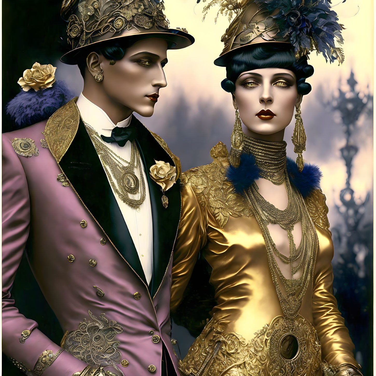 Vintage mannequins in opulent early 20th-century attire.