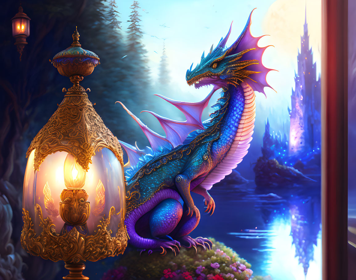 Blue dragon with horns and wings near ornate lamp in mystical forest at dusk