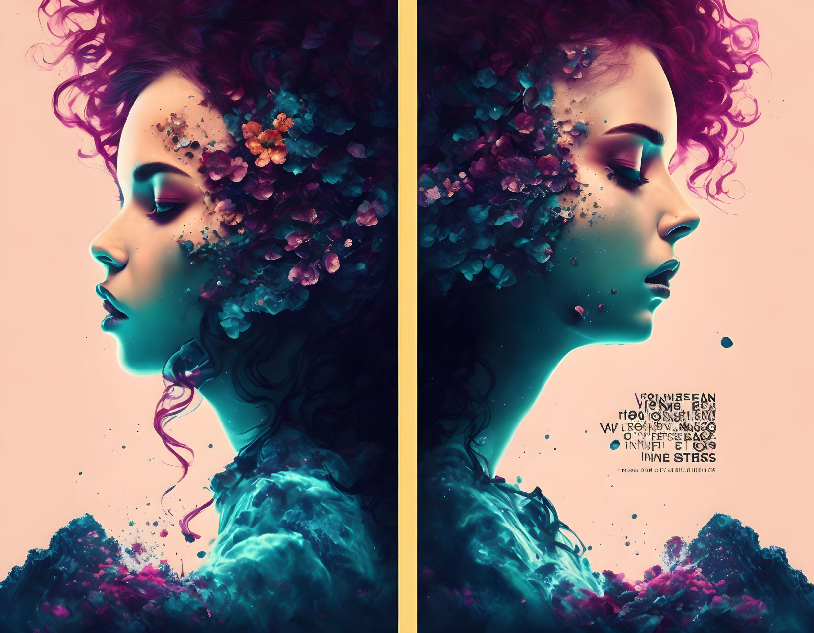 Digital artwork: Woman with red curly hair merging with vibrant floral elements