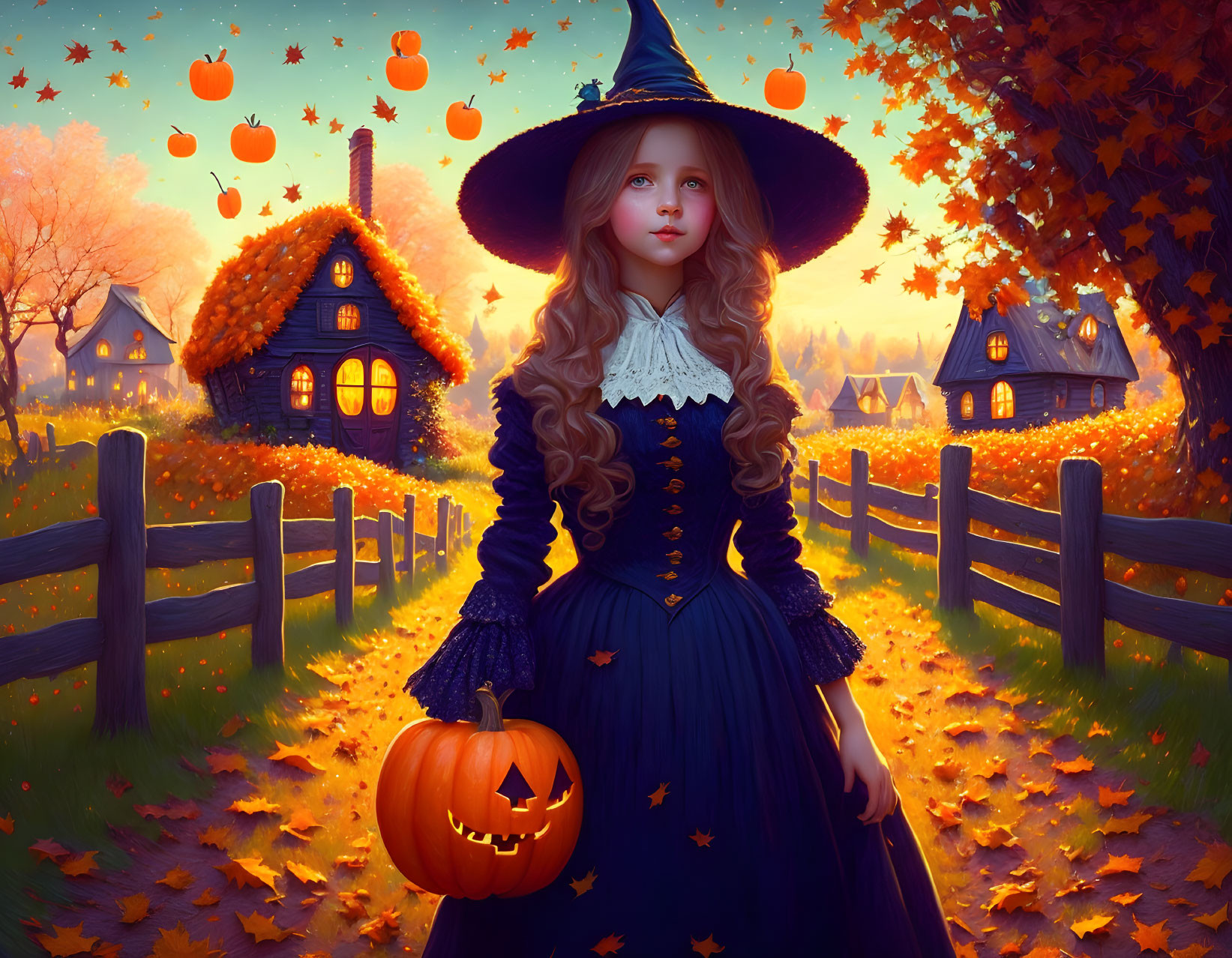 Young girl in witch costume with jack-o'-lantern in autumnal setting