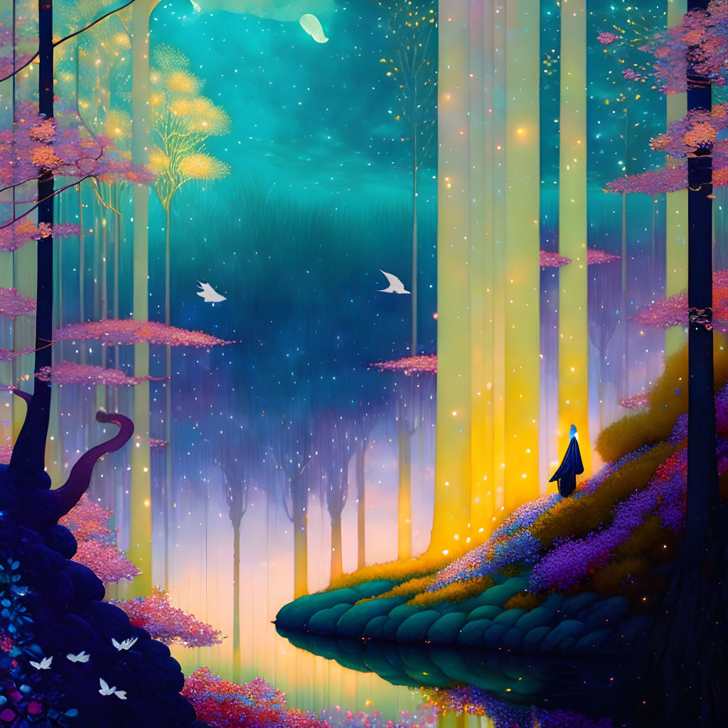 Person standing at vibrant forest edge with pink trees and illuminated path into mysterious wood with flying birds