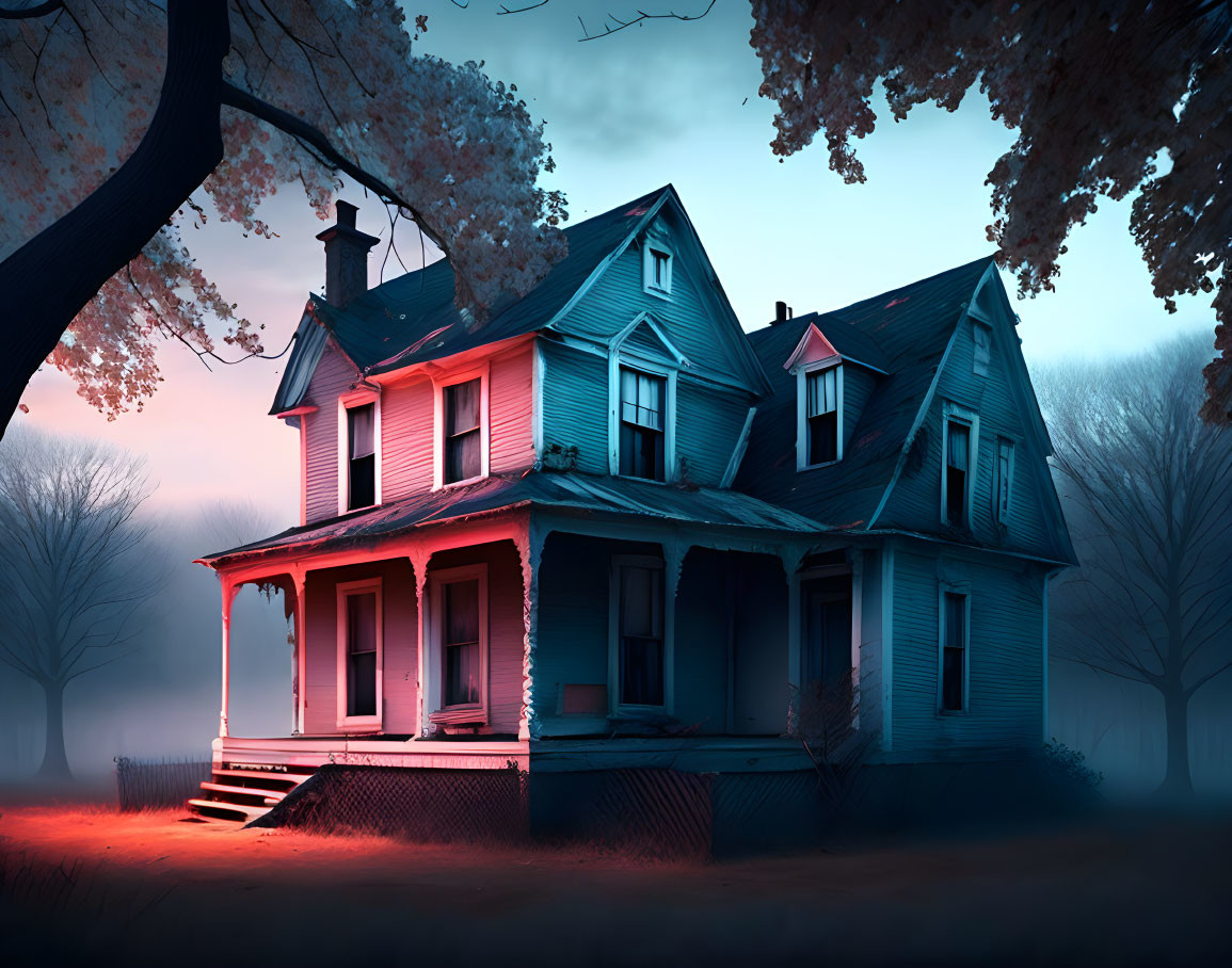 Eerie Blue Victorian House with Glowing Pink Windows in Twilight