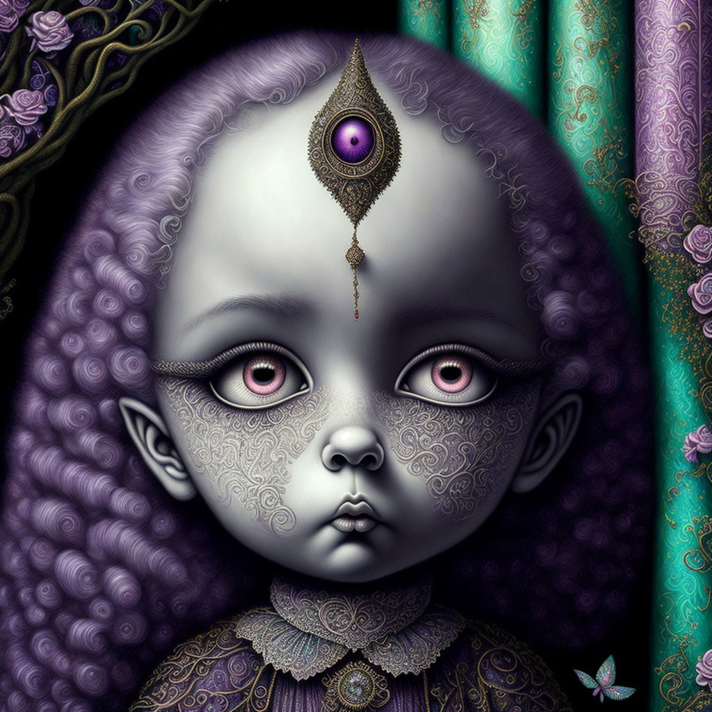 Child portrait with gray skin, purple eye patterns, and third eye.