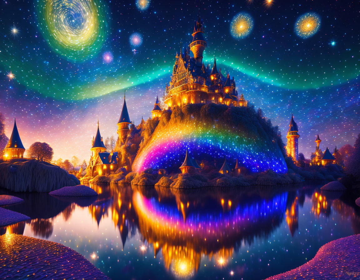 Majestic castle on hill with reflective lake and dazzling night sky