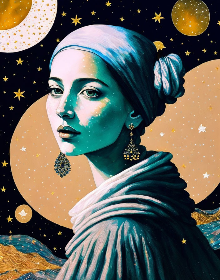 Blue-skinned woman with headscarf in cosmic portrait.