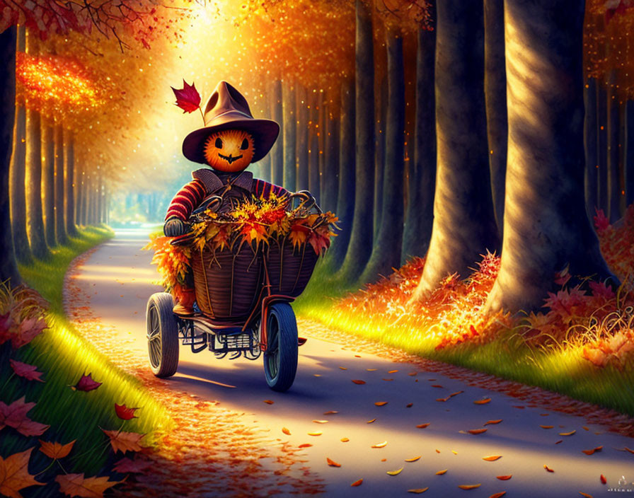 Smiling scarecrow driving cart in autumn scene