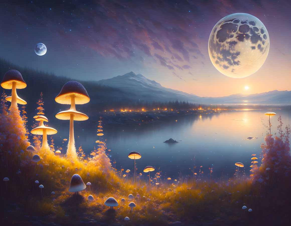 Tranquil lake scene at dusk with luminous mushrooms, vivid sunset, and dual moons