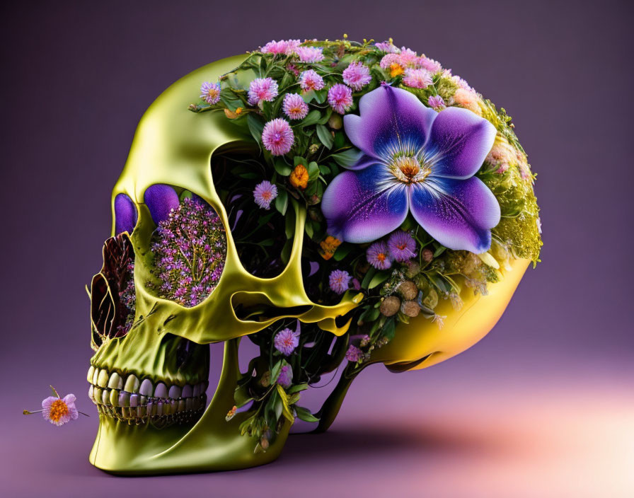 Golden human skull with colorful flowers and moss on purple background