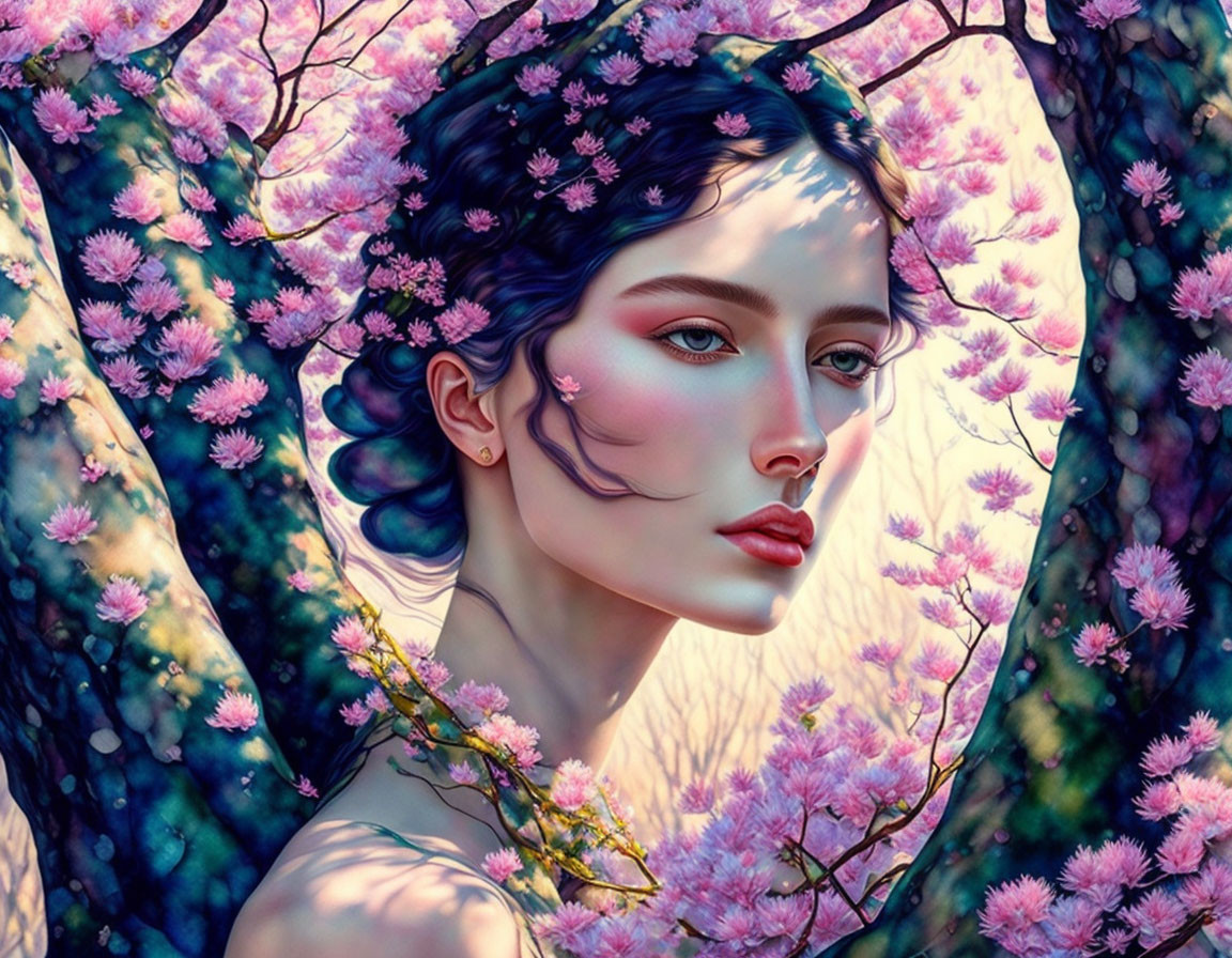 Dark-haired woman portrait with serene expression amidst pink cherry blossoms and surreal vibe