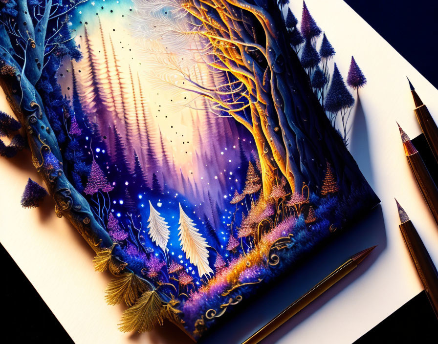 Colorful forest scene with glowing trees and floating feathers on a desk