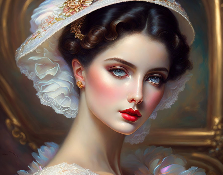 Portrait of Woman with Striking Blue Eyes and Red Lips in White Hat