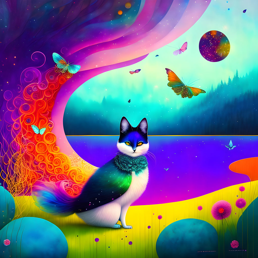 Vibrant digital artwork of majestic cat with cosmic background