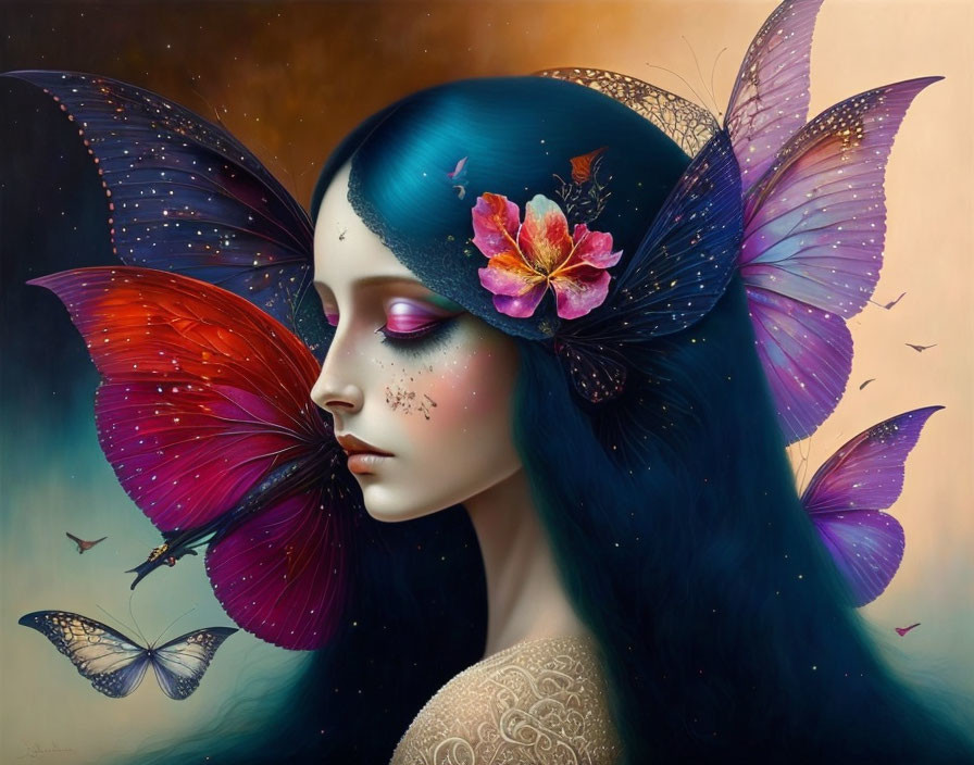 Surreal artwork: Woman with teal hair, butterflies, floral headpiece & colorful backdrop