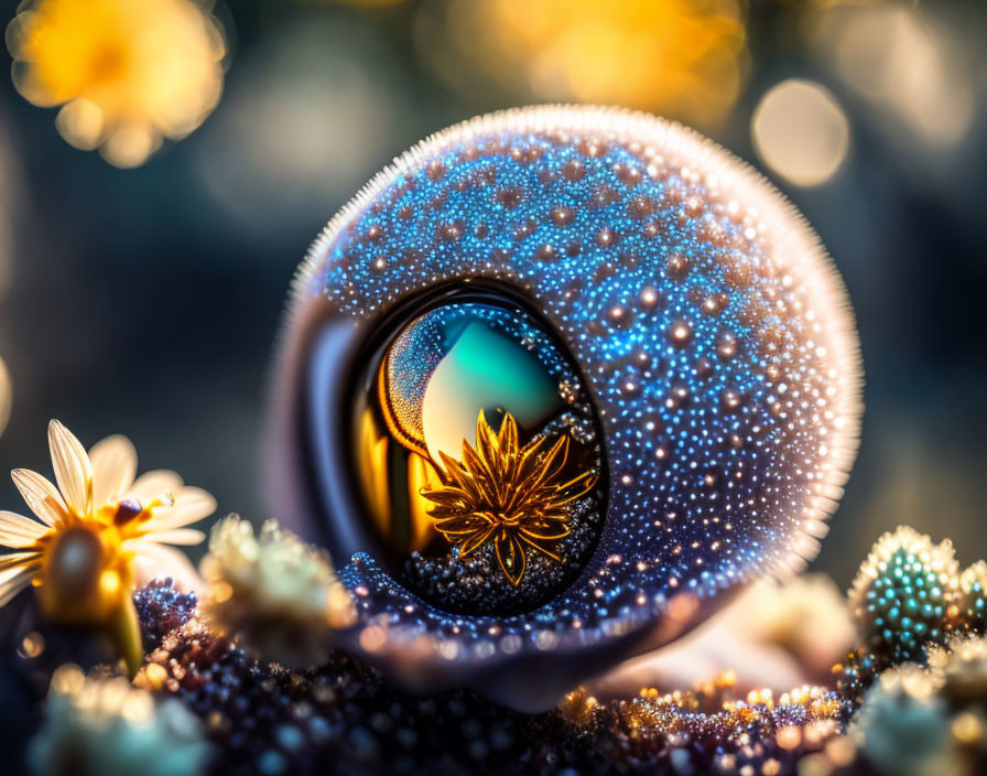 Detailed Macro Photo: Dew-covered Object Reflecting Flower, Soft-focus Flora, Golden Light Bokeh