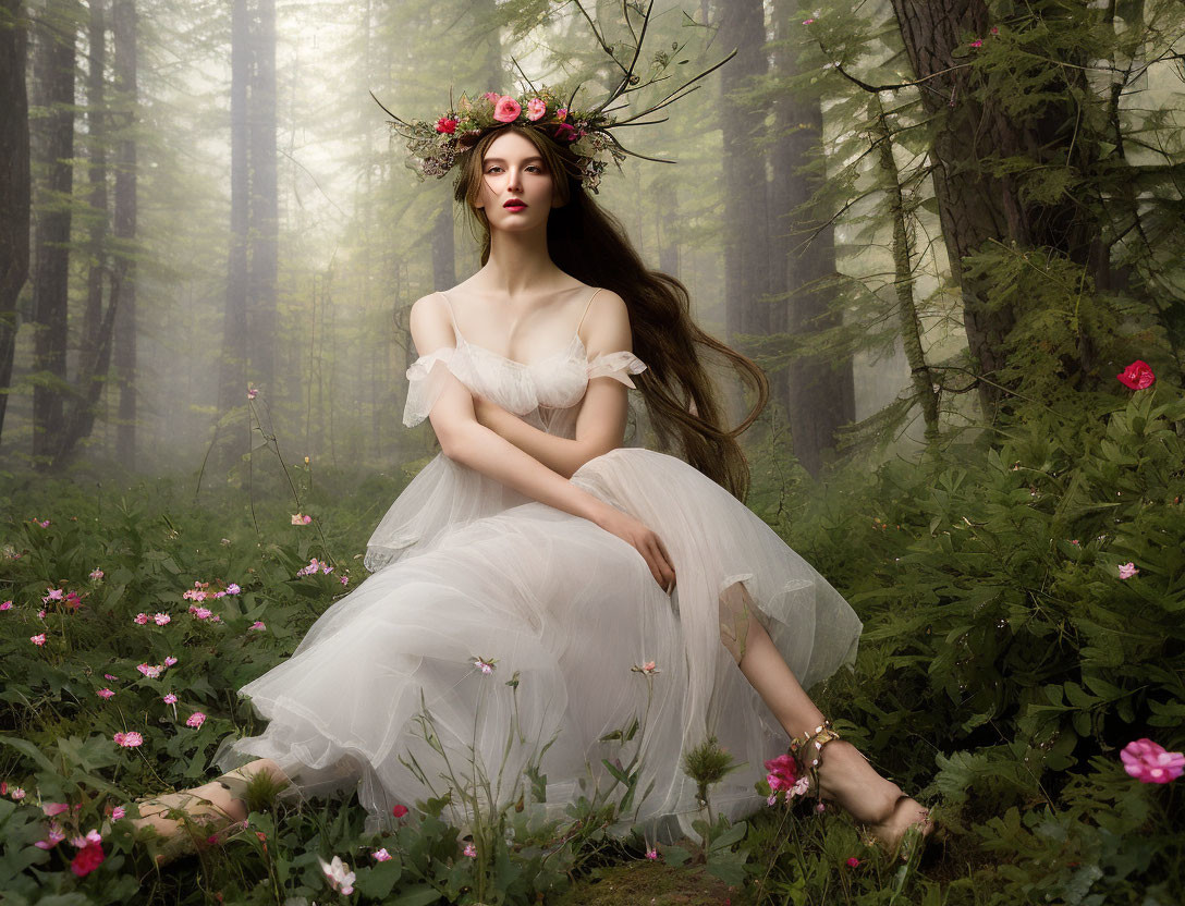 Woman in White Dress with Floral Crown in Misty Forest