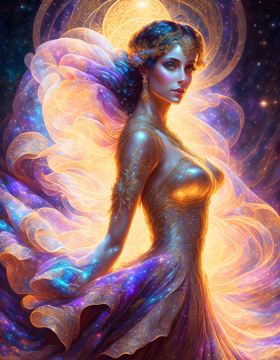 Vibrant cosmic galaxy-themed digital artwork of a woman