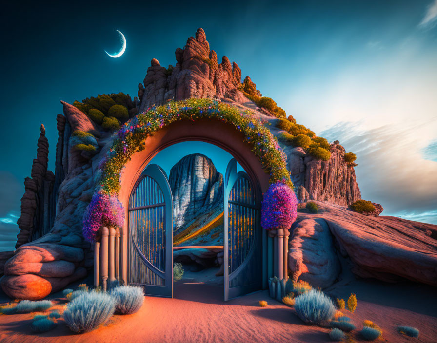 Ornate gate in surreal desert with moon & flowers