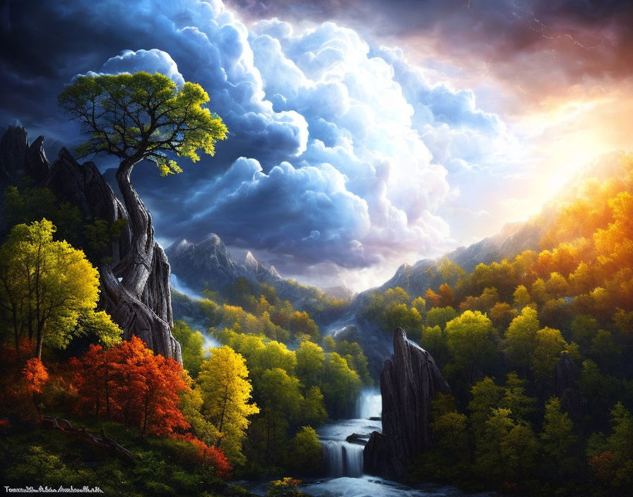 Colorful autumn forest landscape with waterfall and dramatic cliffs