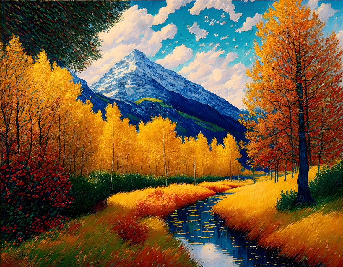 Scenic autumn landscape with stream, golden trees, snow-capped mountain, and blue sky