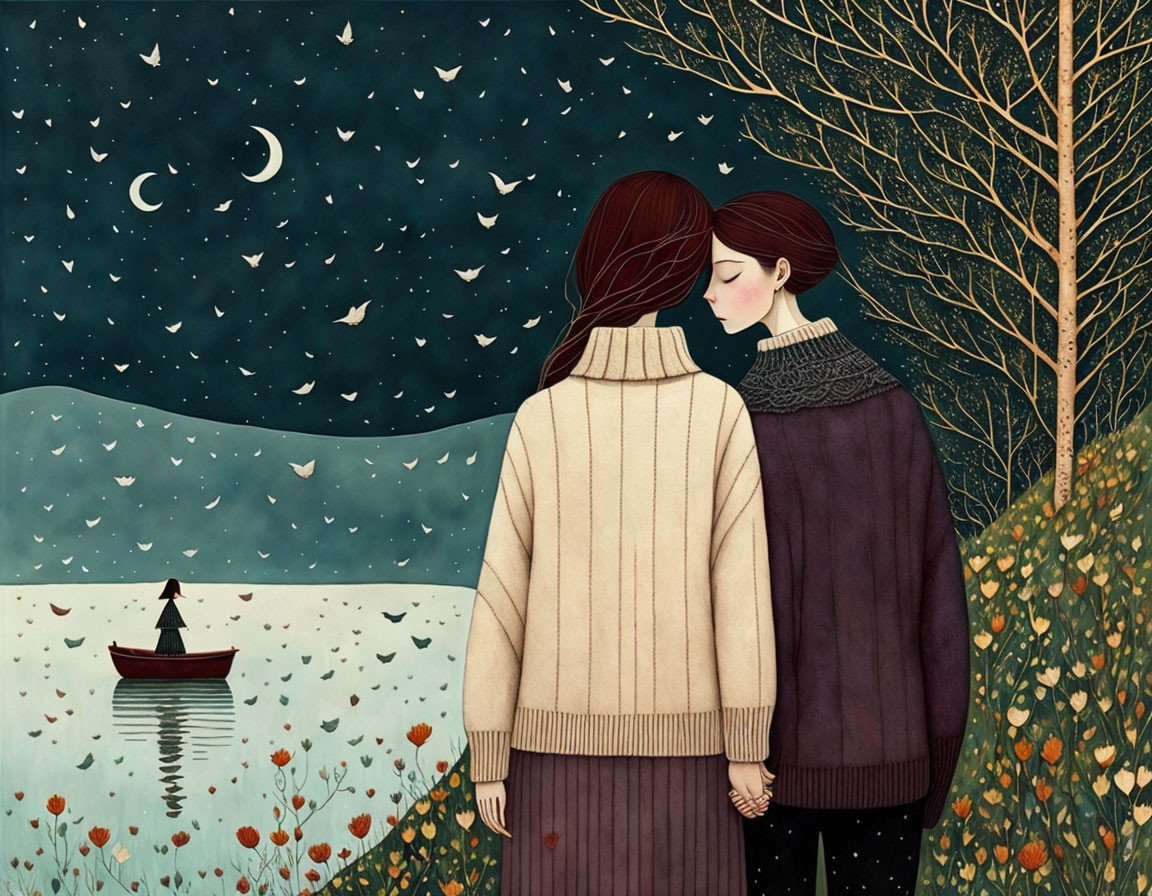 Nighttime lakeside embrace with boat under starry sky.