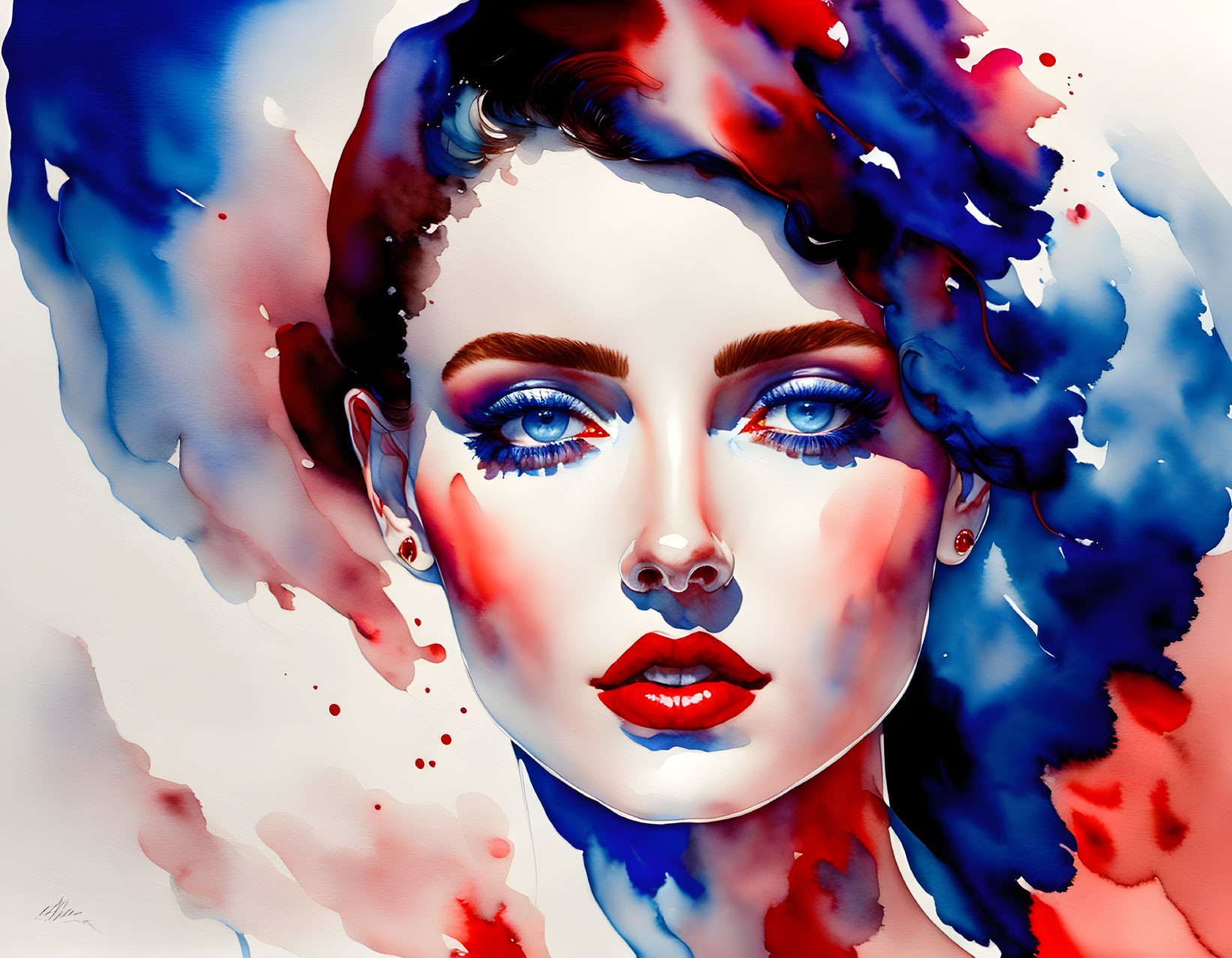 Vibrant digital artwork of woman's face with blue and red splashes