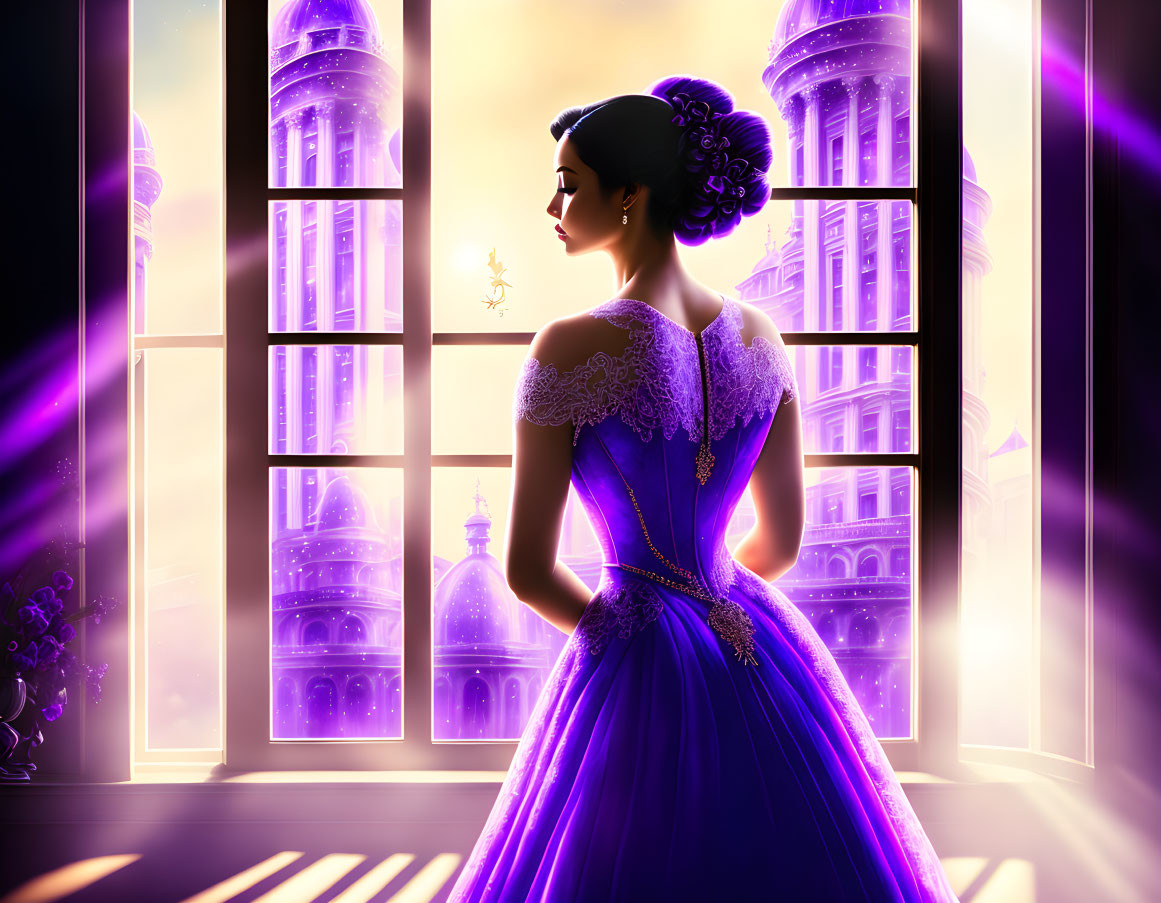 Woman in purple dress admires glowing cityscape at sunset