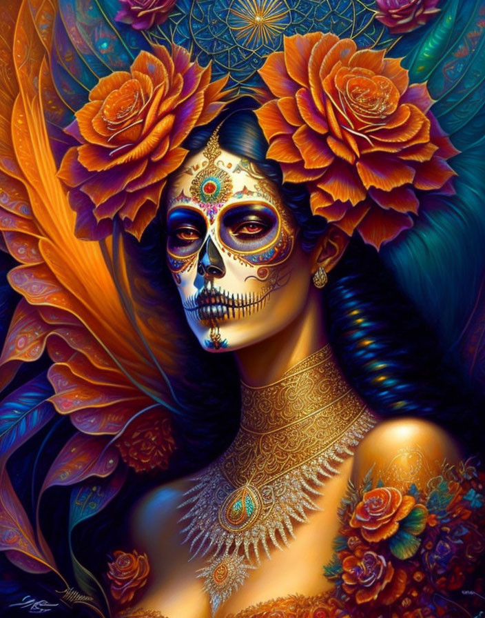 Colorful figure with skull-painted face and floral adornments in vibrant artwork