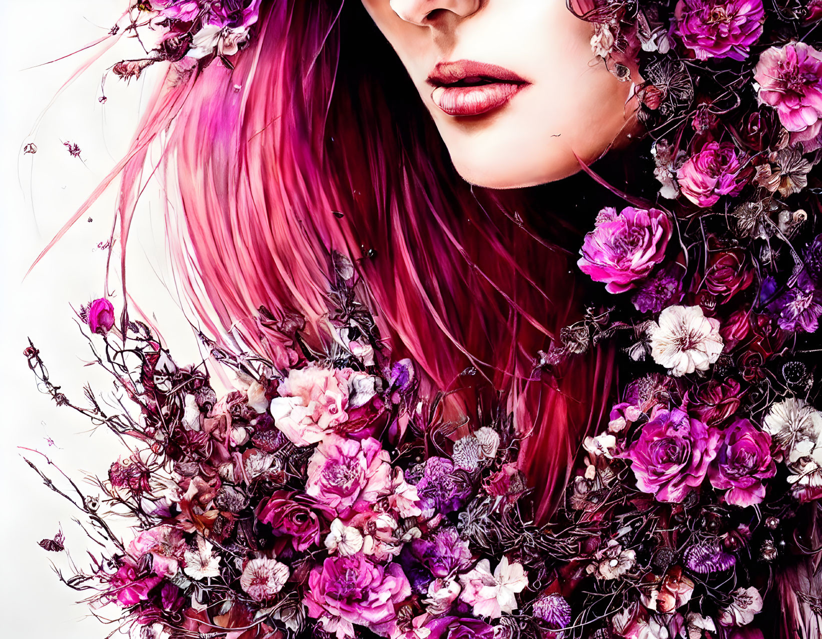 Colorful artwork: Woman with pink hair and floral arrangement on white background