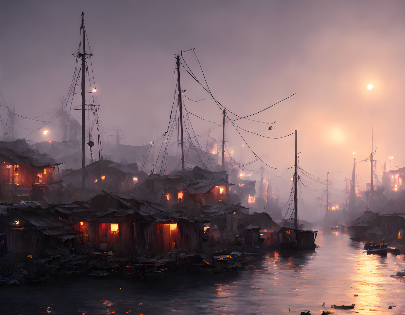 Misty harbor scene with shanty houses on stilts and sailboats under warm lights