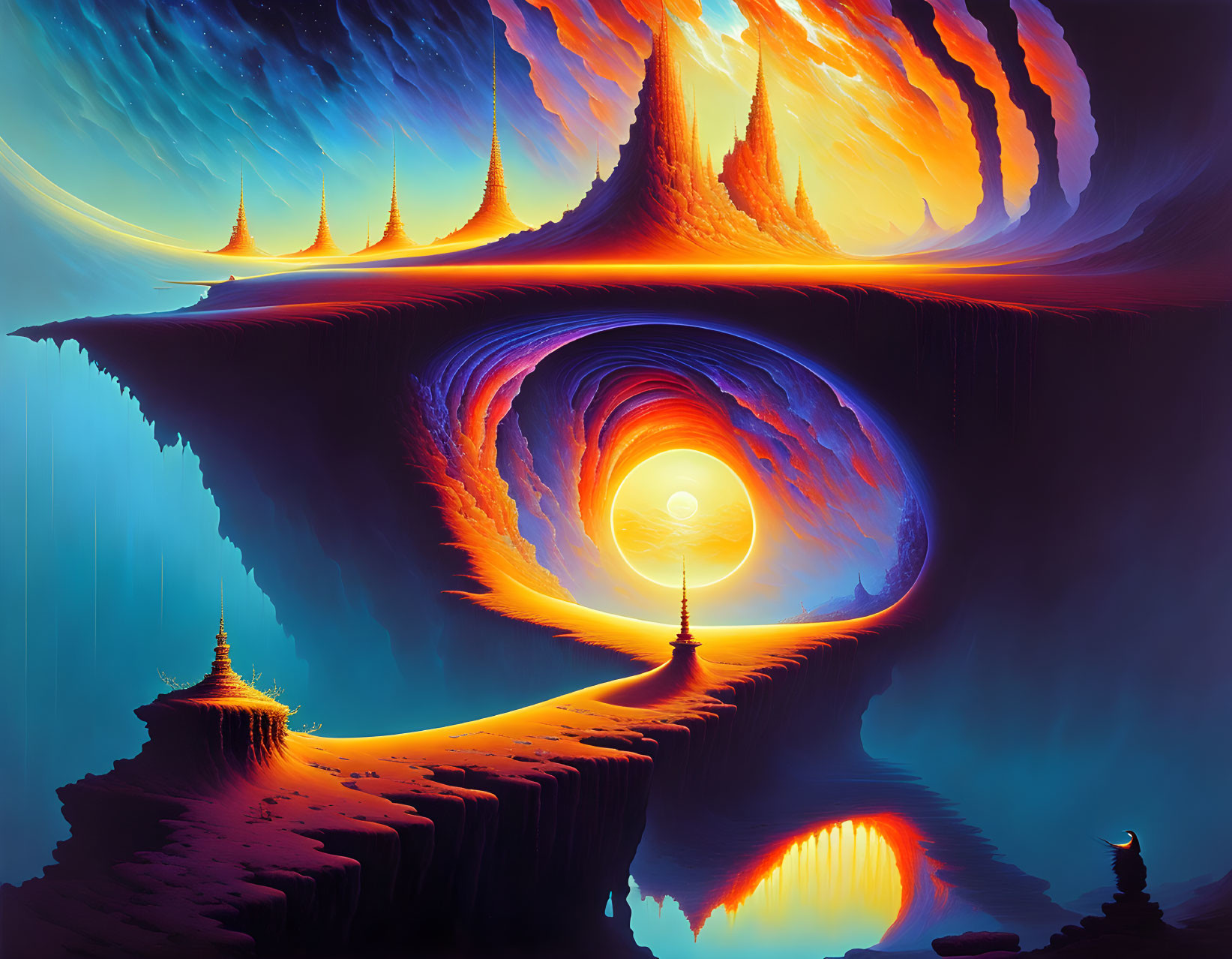 Otherworldly landscape with swirling sky and glowing orb near temple-like structures