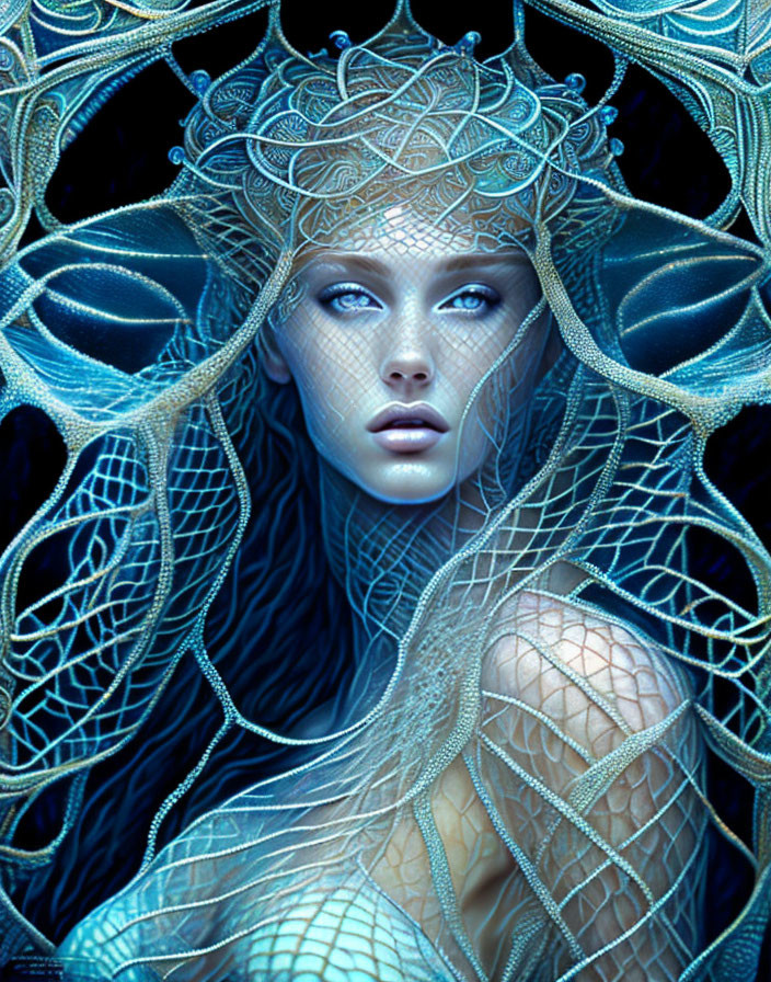 Fantasy illustration of woman with blue skin and intricate headpiece in mystical setting