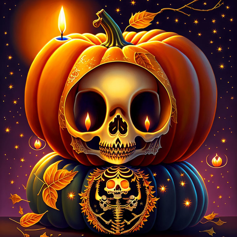 Digital Artwork: Jack-o'-lantern & Skull Pumpkin with Candles & Leaves