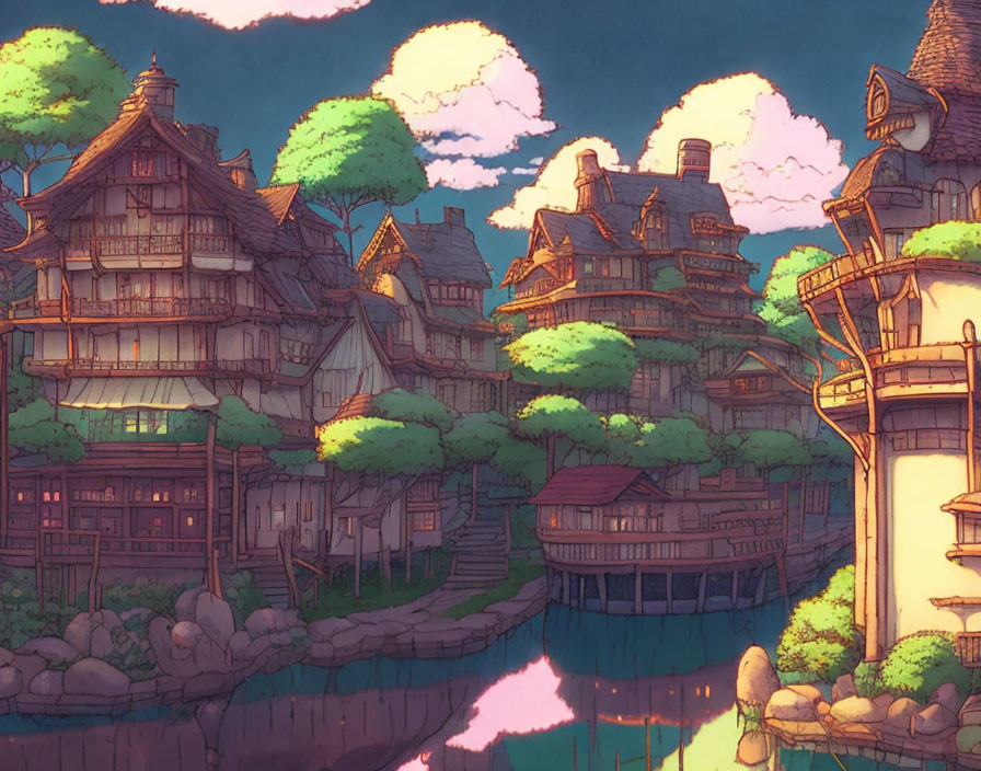 Fantasy village illustration with wooden houses and river at sunset