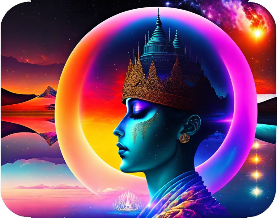 Colorful woman's profile with traditional crown in cosmic setting