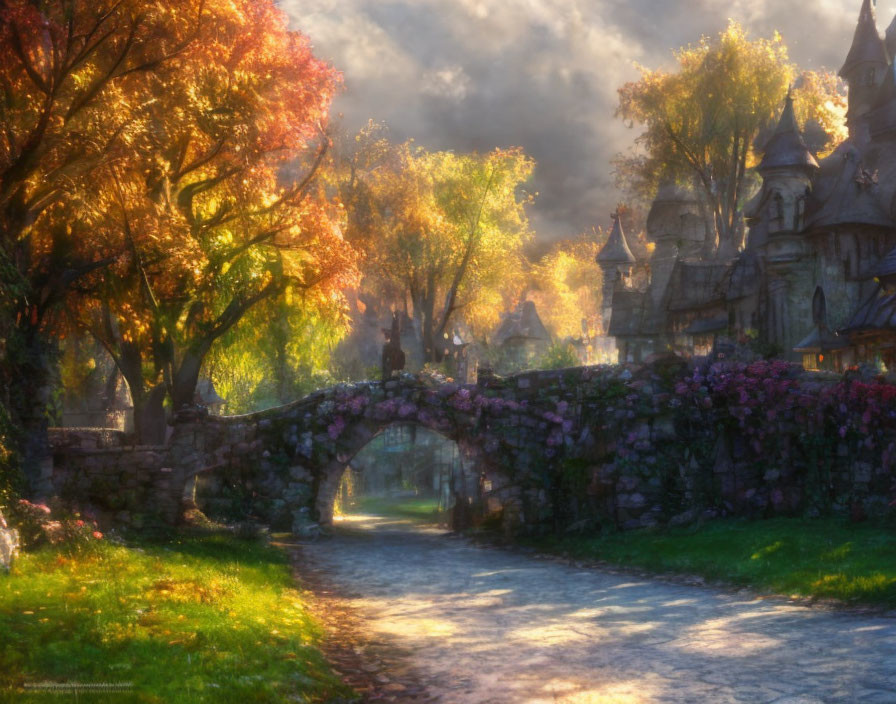 Tranquil Fantasy Scene: Cobblestone Path, Stone Bridge, Autumn Trees, Castle