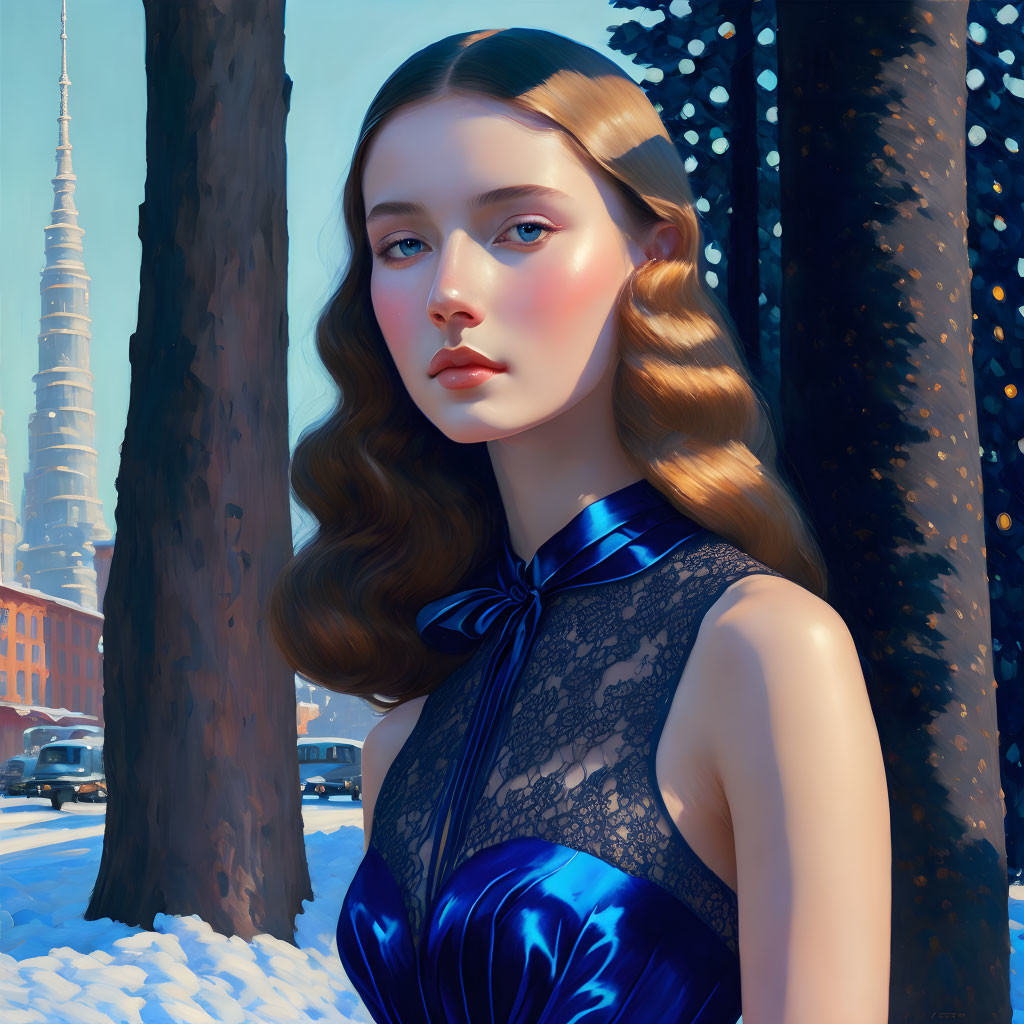 Stylized portrait of young woman in blue satin dress against snowy backdrop