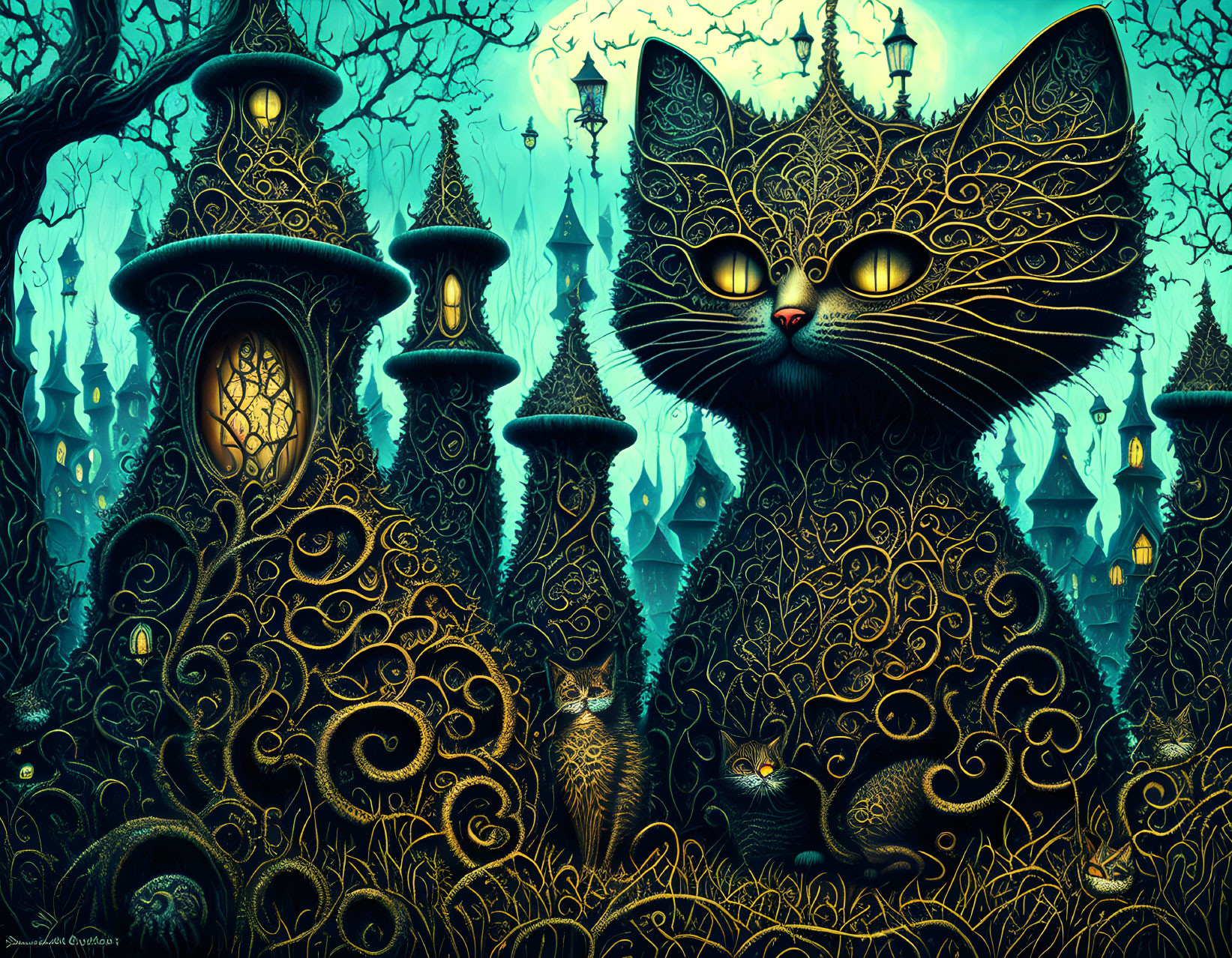 Intricate black cat surrounded by whimsical towers and hidden felines