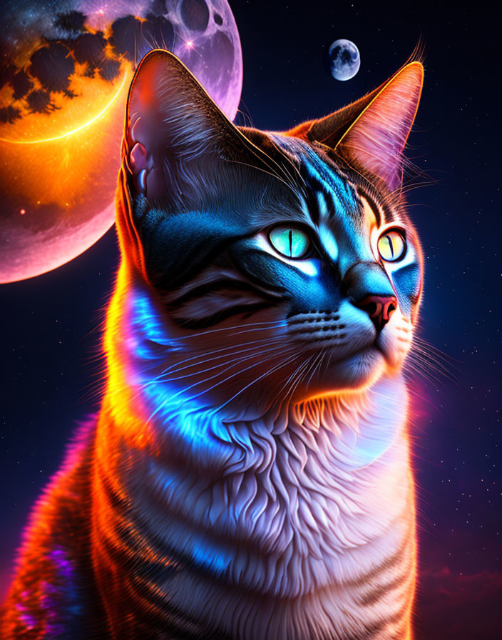 Colorful digital artwork: Cat in blue and orange hues under cosmic sky with two moons