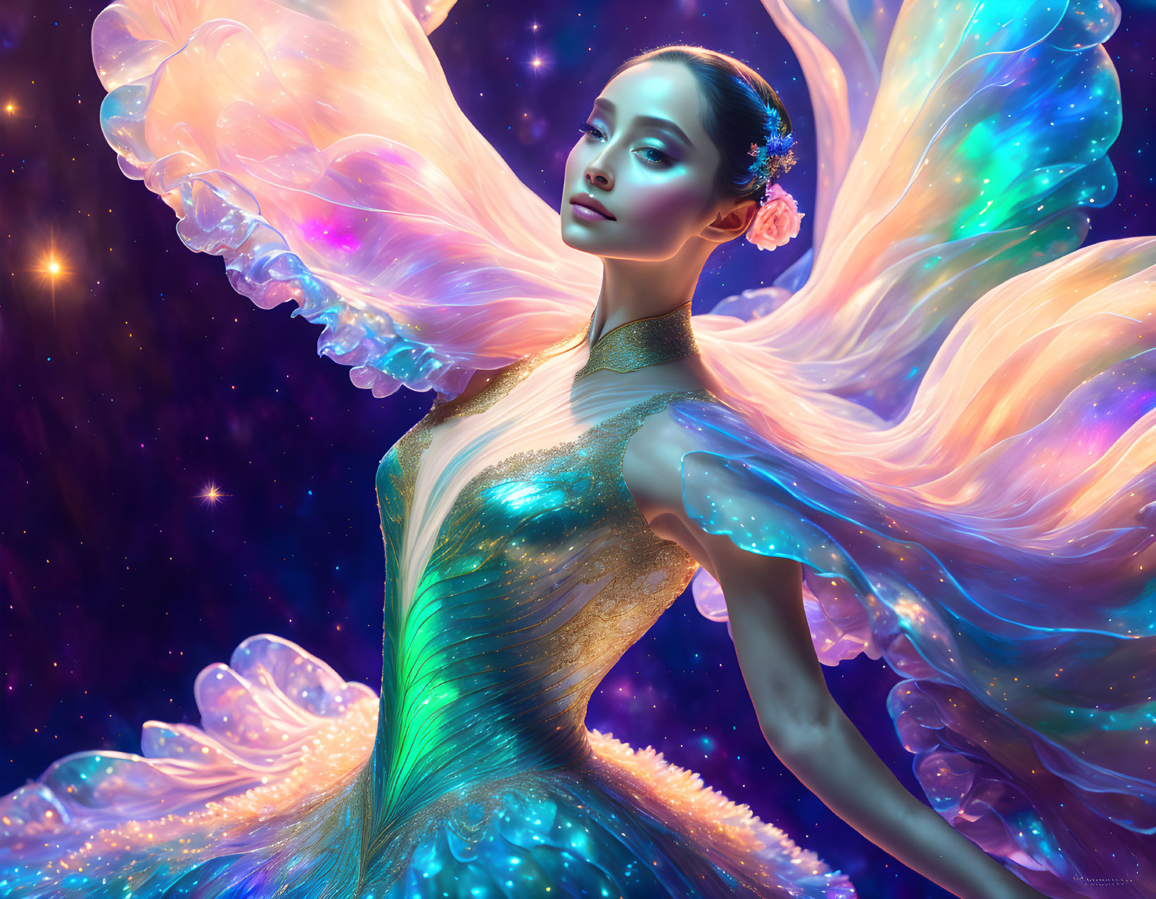 Person with iridescent butterfly wings in cosmic setting