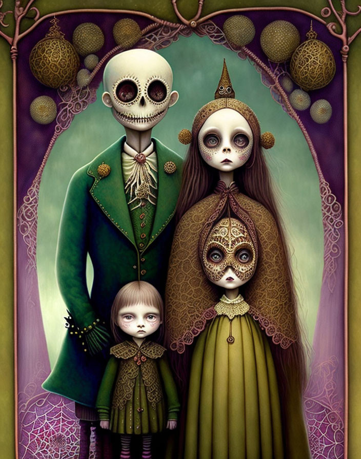 Stylized family portrait with skull-faced characters wearing vintage clothing.