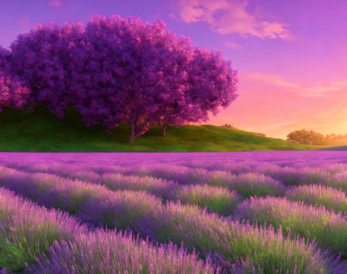 Vibrant purple landscape with lush tree and lavender field under pink and orange sunset sky