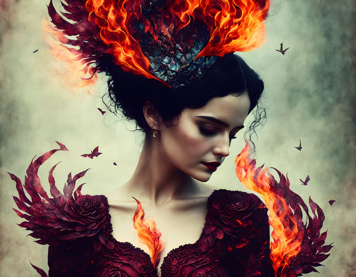 Fiery phoenix-inspired woman surrounded by flames and embers