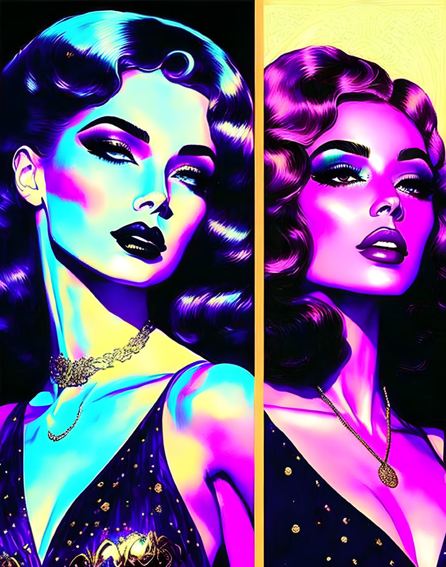 Colorful digital artwork: Two women with wavy hair and retro makeup on vibrant background