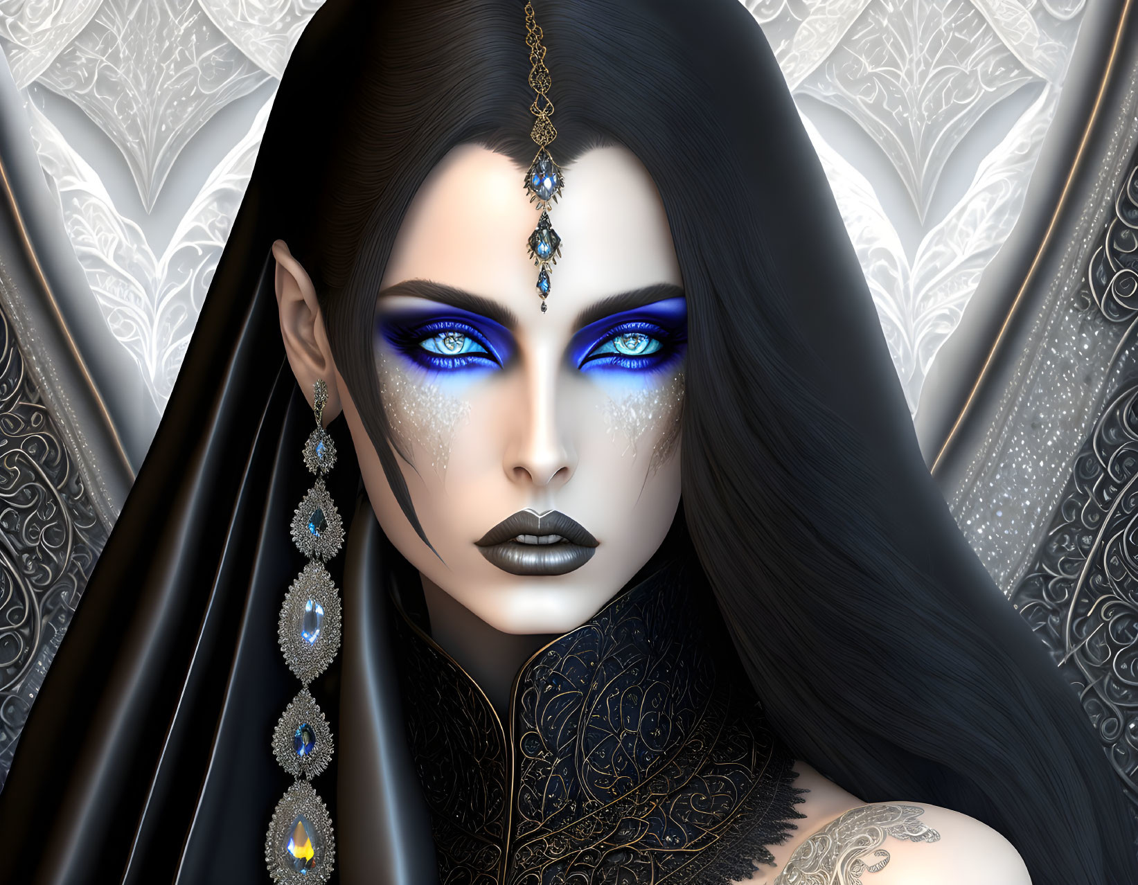 Digital portrait of woman with intense blue eyes, intricate jewelry, tattoos, dark hair, and pale skin