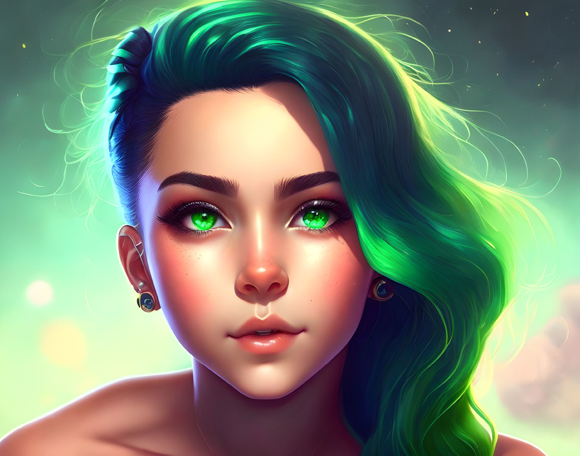 Vibrant green hair and eyes portrait with bokeh background