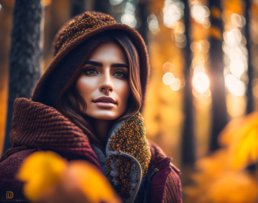 Woman in autumnal makeup surrounded by golden foliage wearing hooded garment.