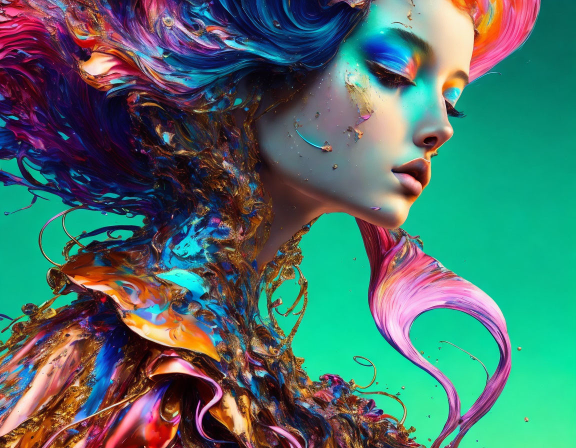 Colorful digital artwork: Woman with flowing, liquid-like hair on teal background