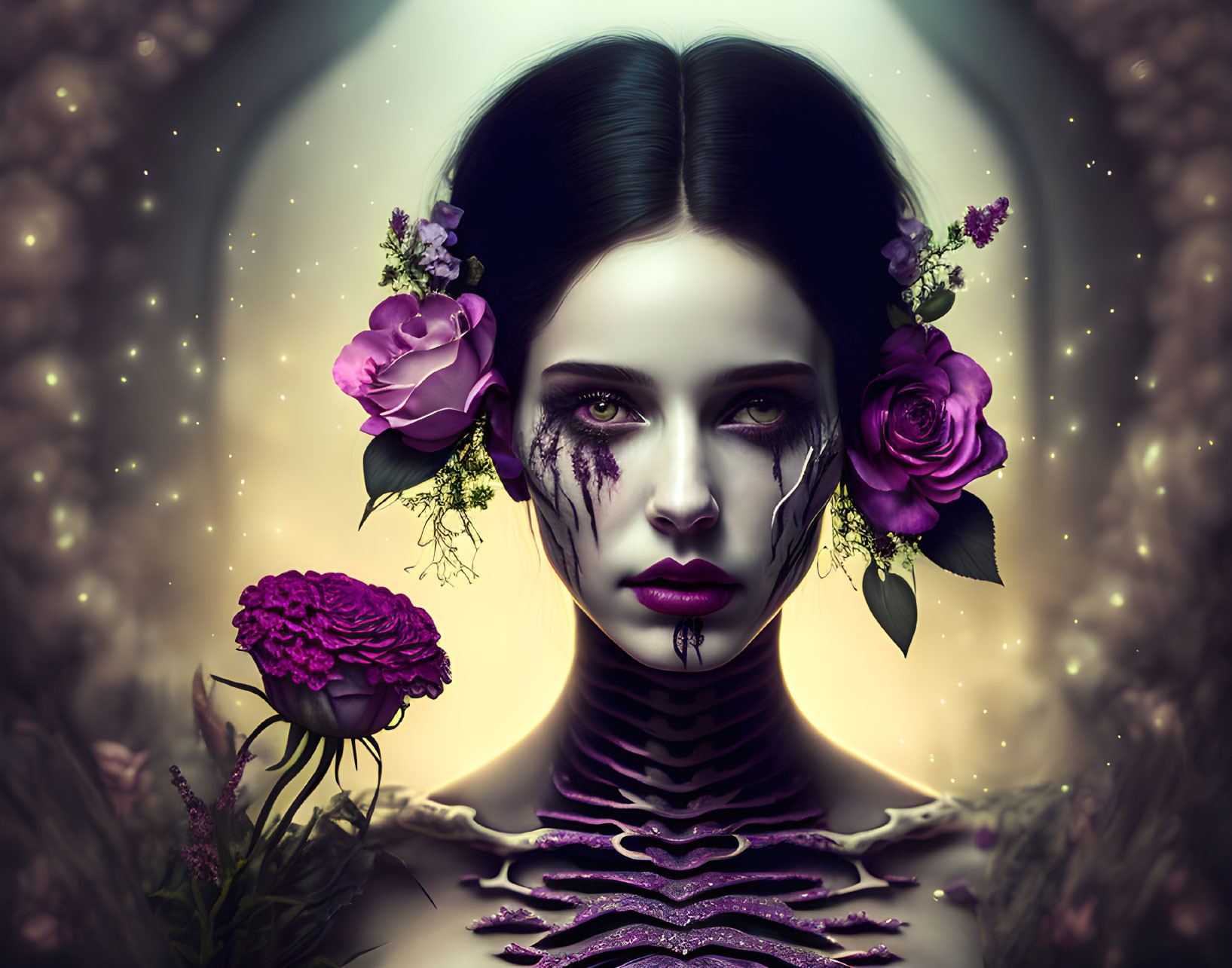 Digital artwork: Woman with dark hair, purple flowers, skeletal neck design under shimmering light