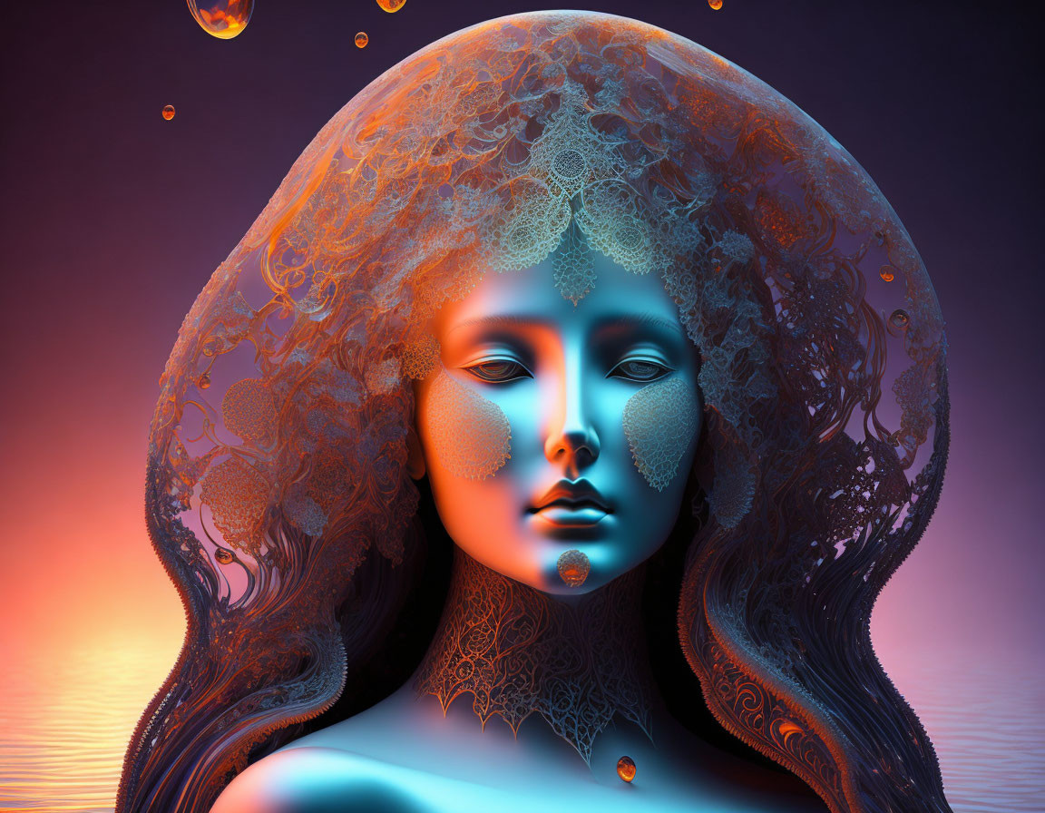 Surreal portrait of serene female figure with blue skin and intricate lace-like patterns on head against orange